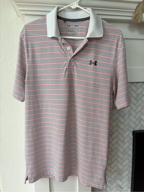 Under Armour Men’s White Polo with Red and Navy Stripes